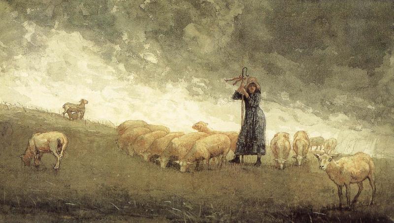 Winslow Homer Shepherdess still control the sheep France oil painting art
